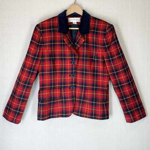 Jones NY~VINTAGE‎ 90s~Women’s 100% Wool Tartan Plaid Velvet Collar Blazer~Sz 10 - Picture 1 of 15